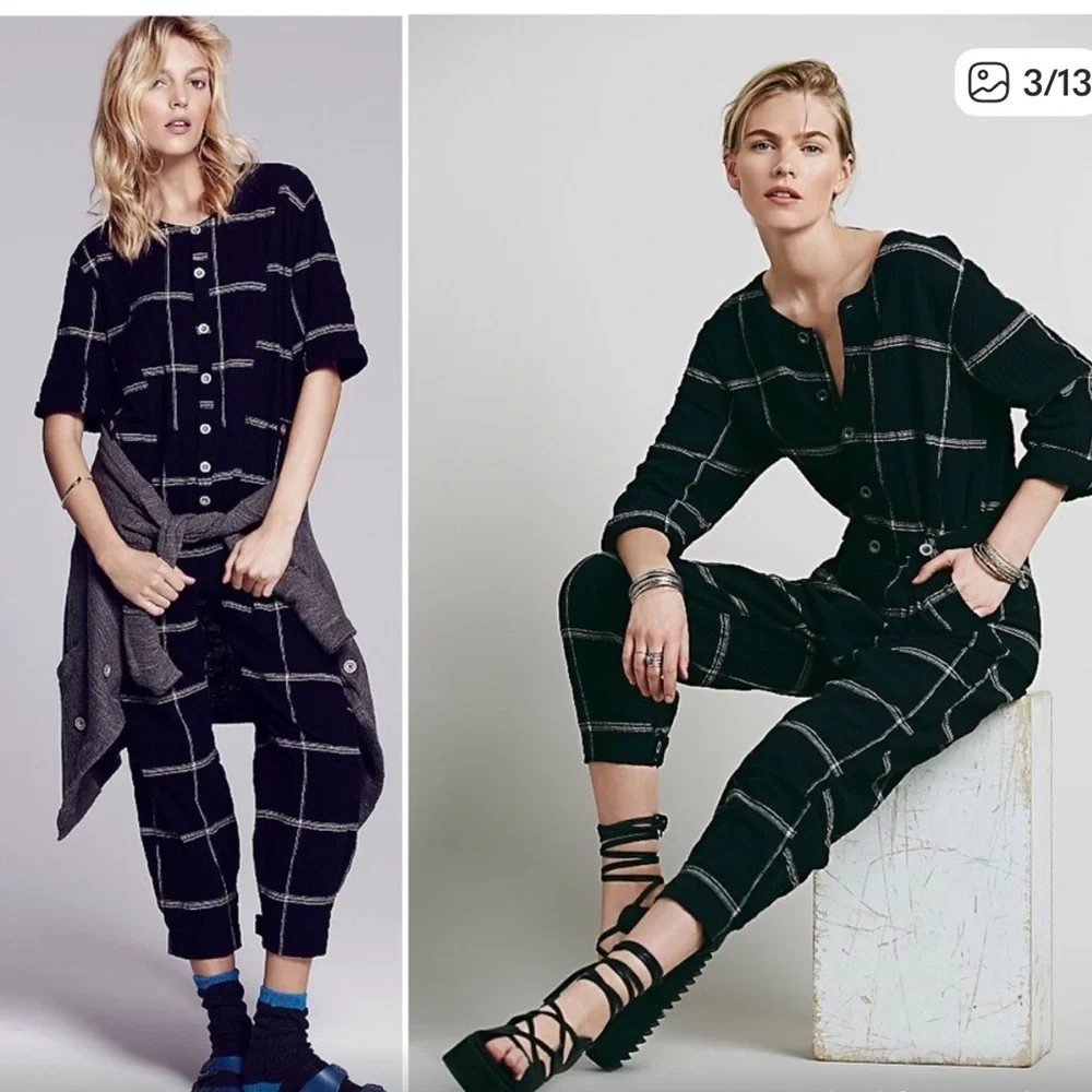 Free people keep it in checkered Sz large L jumpsuit with pockets as seen on TV